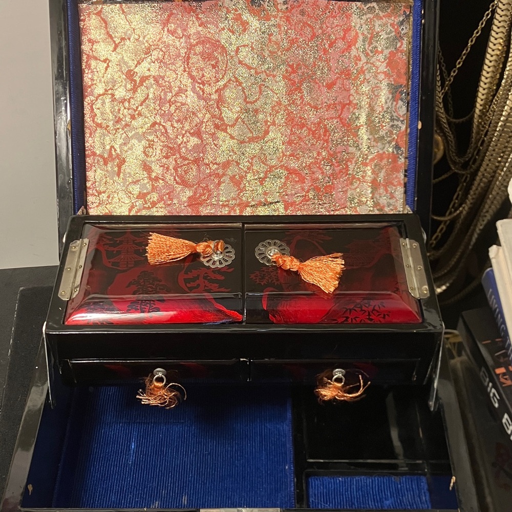 Japanese jewelry box with working music box laquer 9.5" long x7"deep x5"tall,red